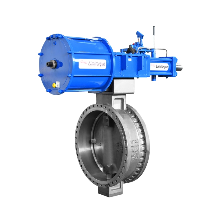 Metal seated flanged butterfly valve with pneumatic actuator